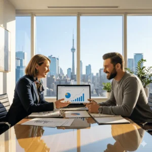 Business growth advisor in Toronto meeting with small business owner to discuss financial strategy and business expansion.